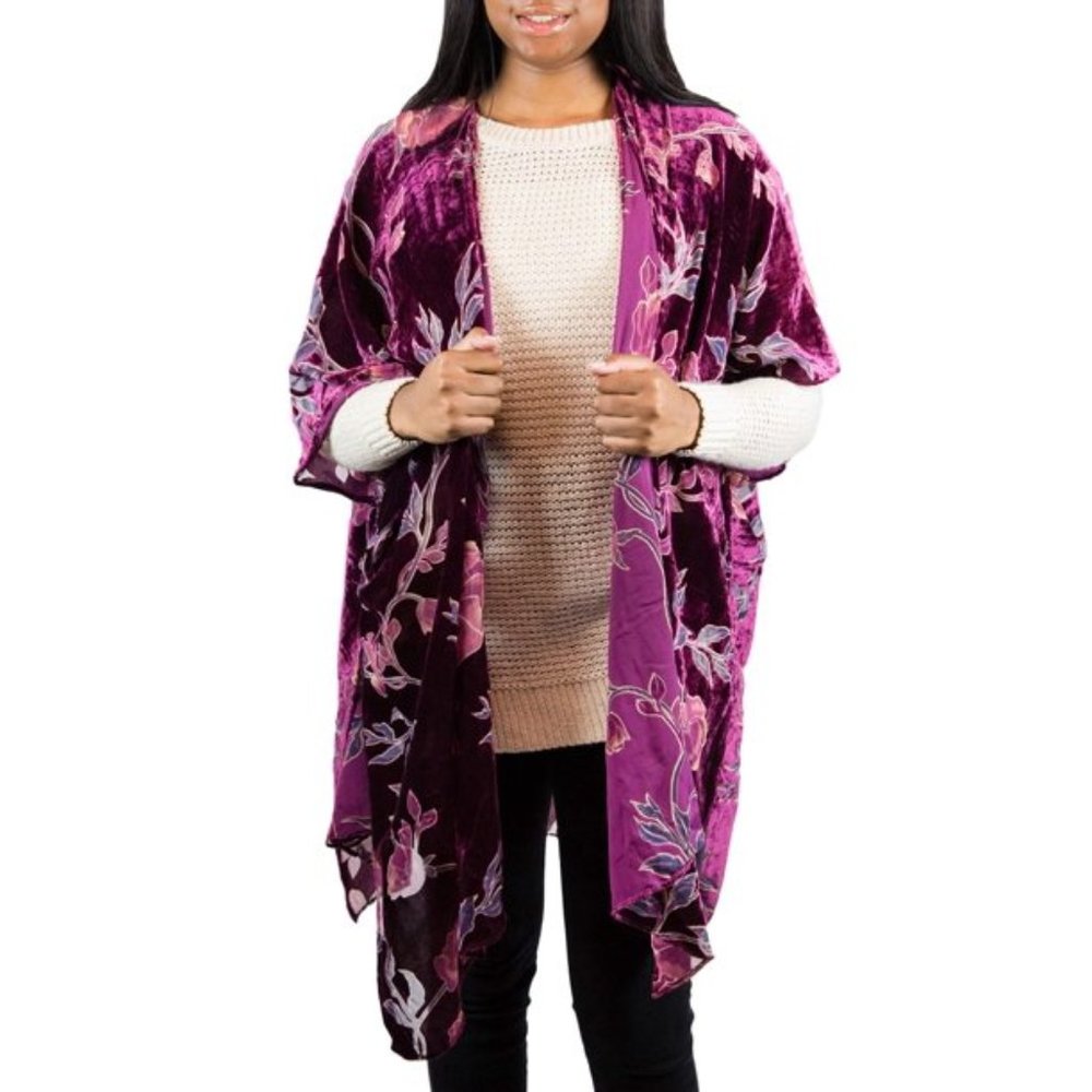 Purple Floral Velvet Kimono Wrap - Women's Layering Top